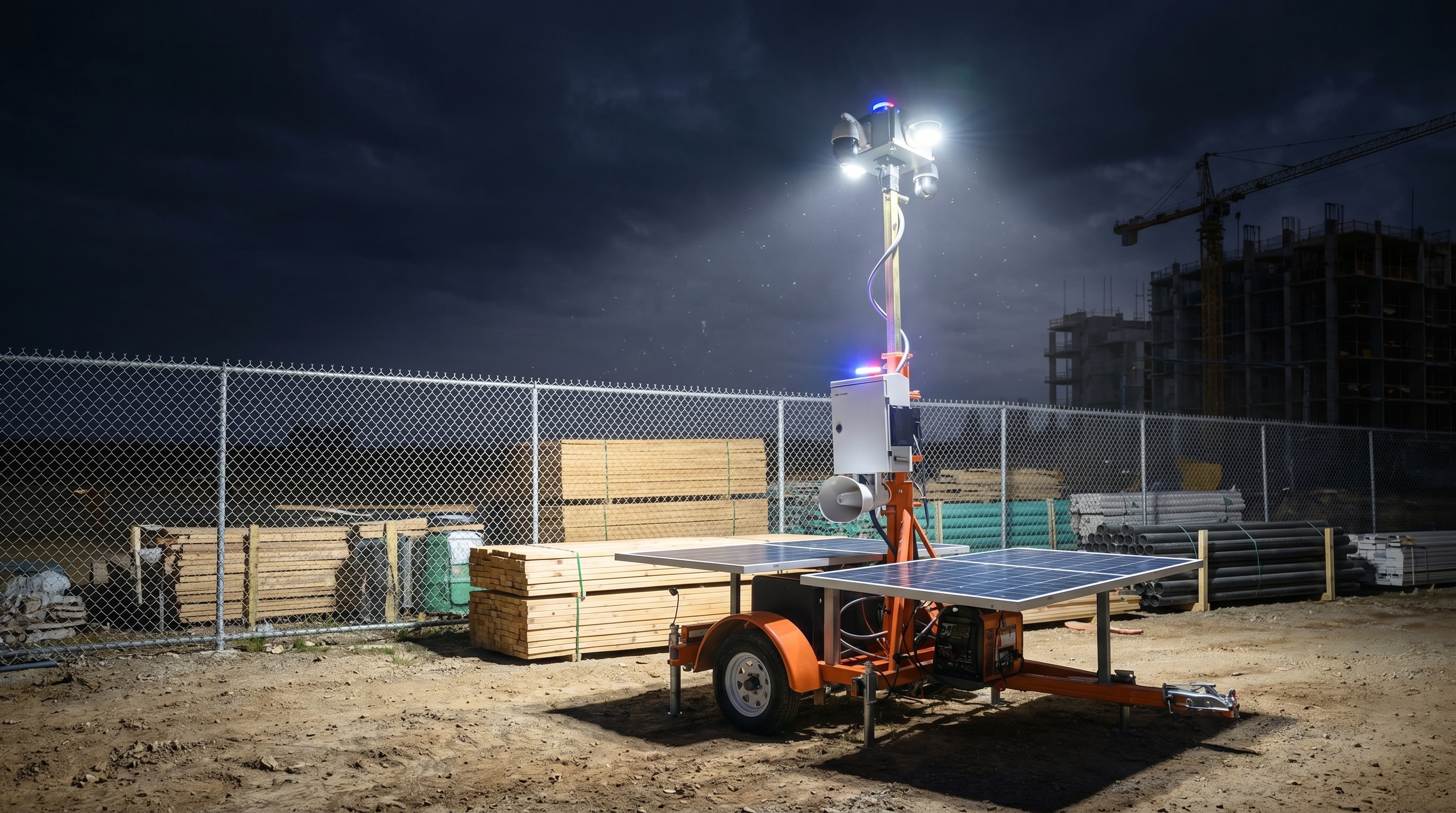 OG360 Lite trailer acting as a visible night deterrent on a construction site