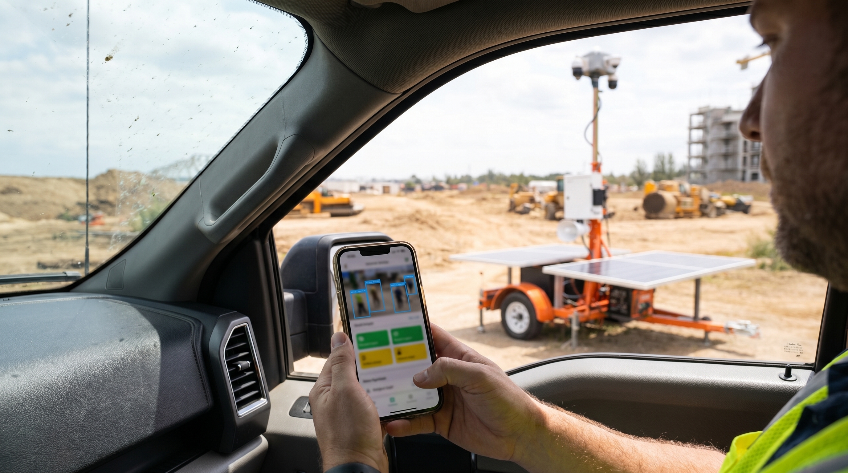 Construction manager reviewing AI security alerts on a mobile phone