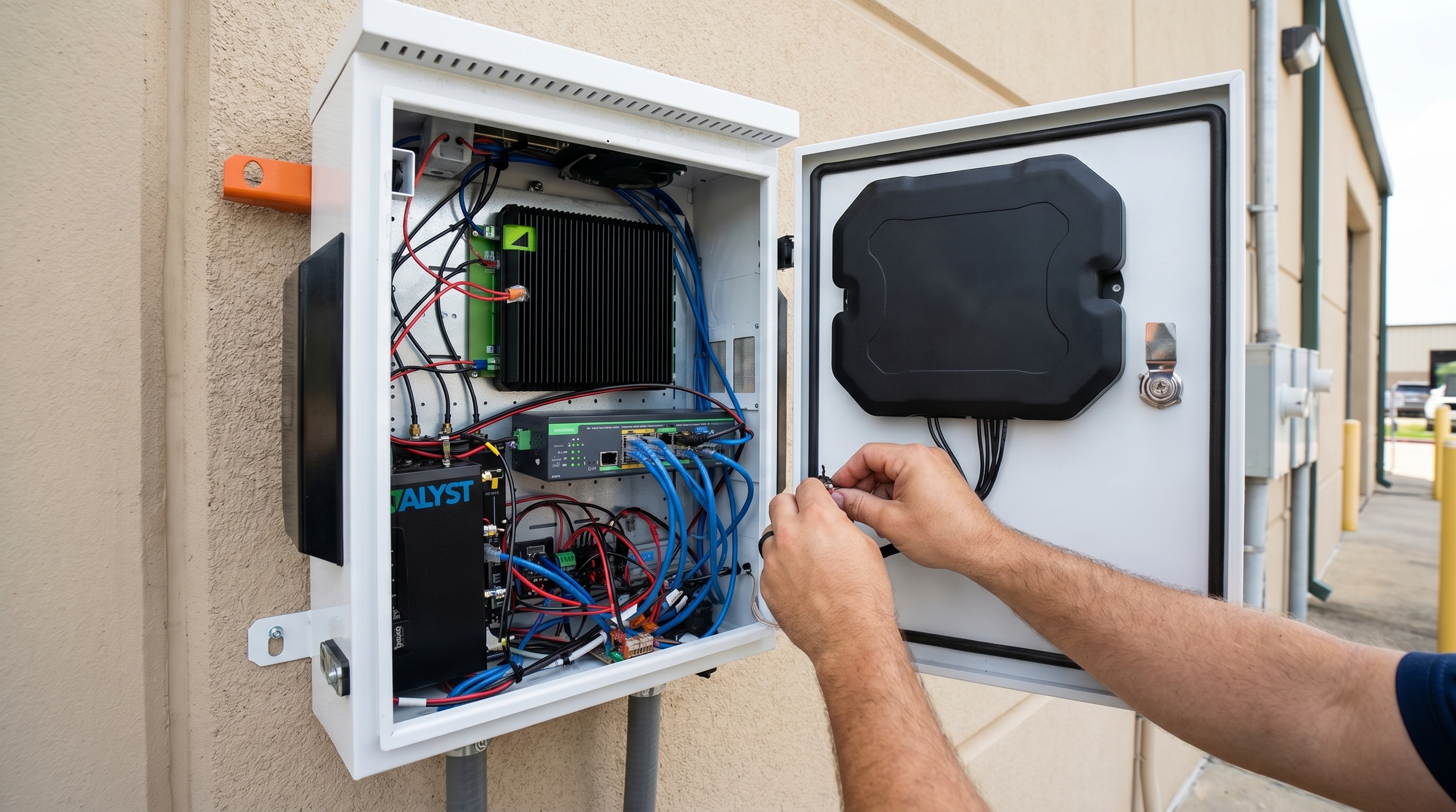 Technician working inside an open OG360 Box showing clean wiring, router, and PoE switch