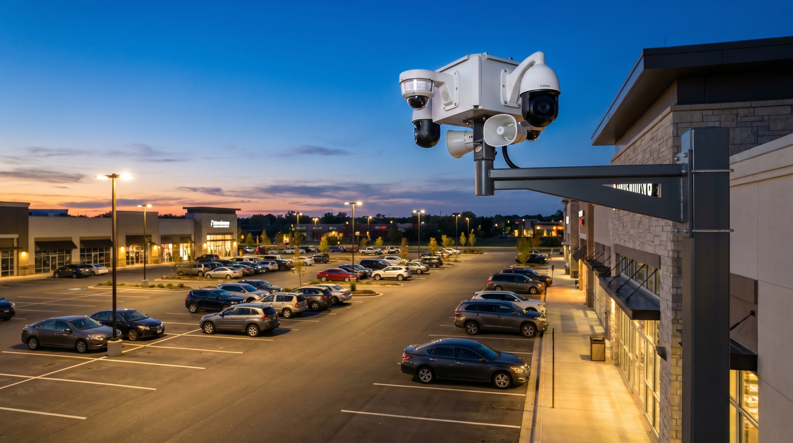 High-tech security camera mounted on a pole watching a commercial parking lot at dusk