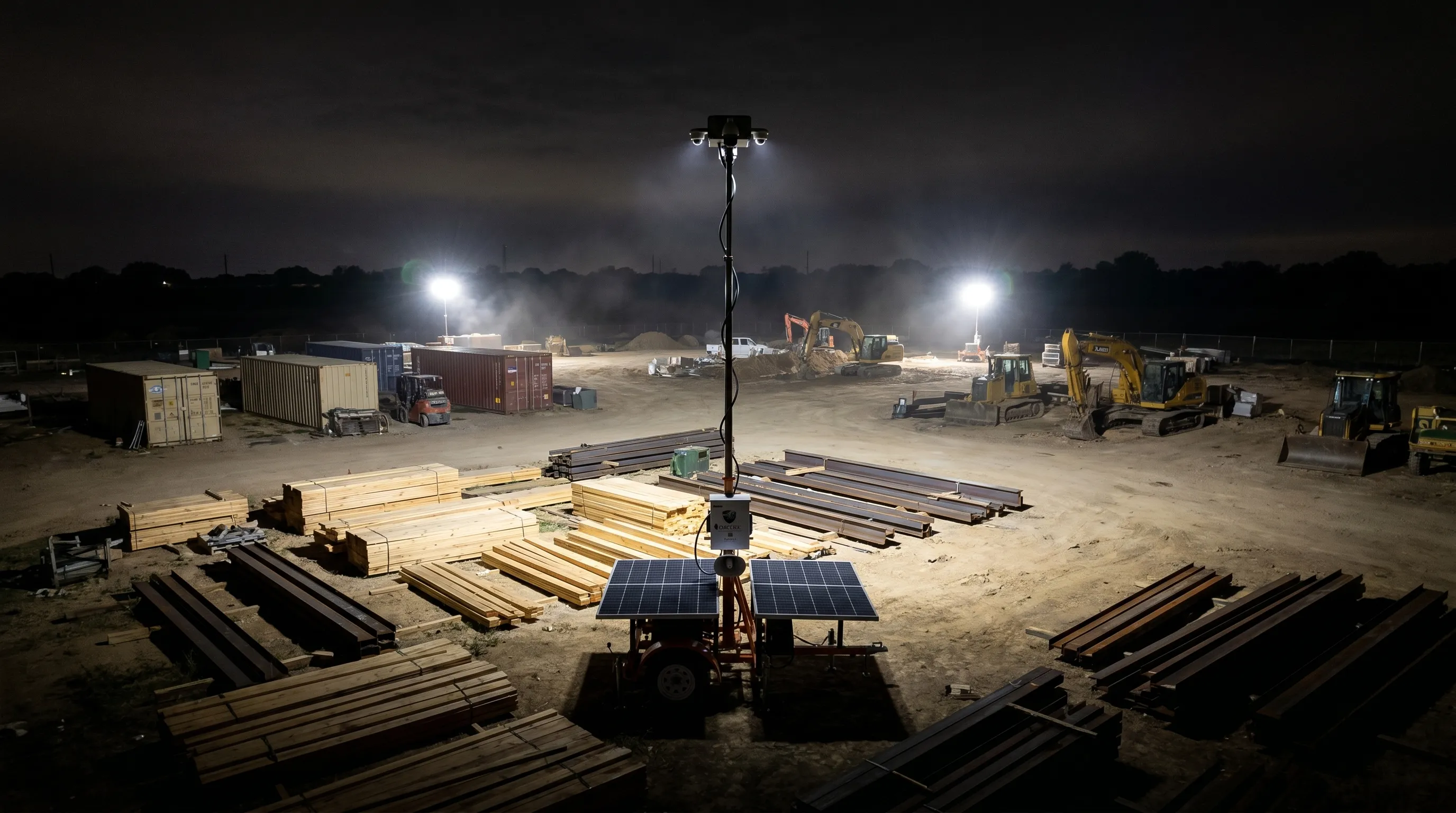OG360 Lite mobile surveillance trailer covering multiple directions at a dark construction site