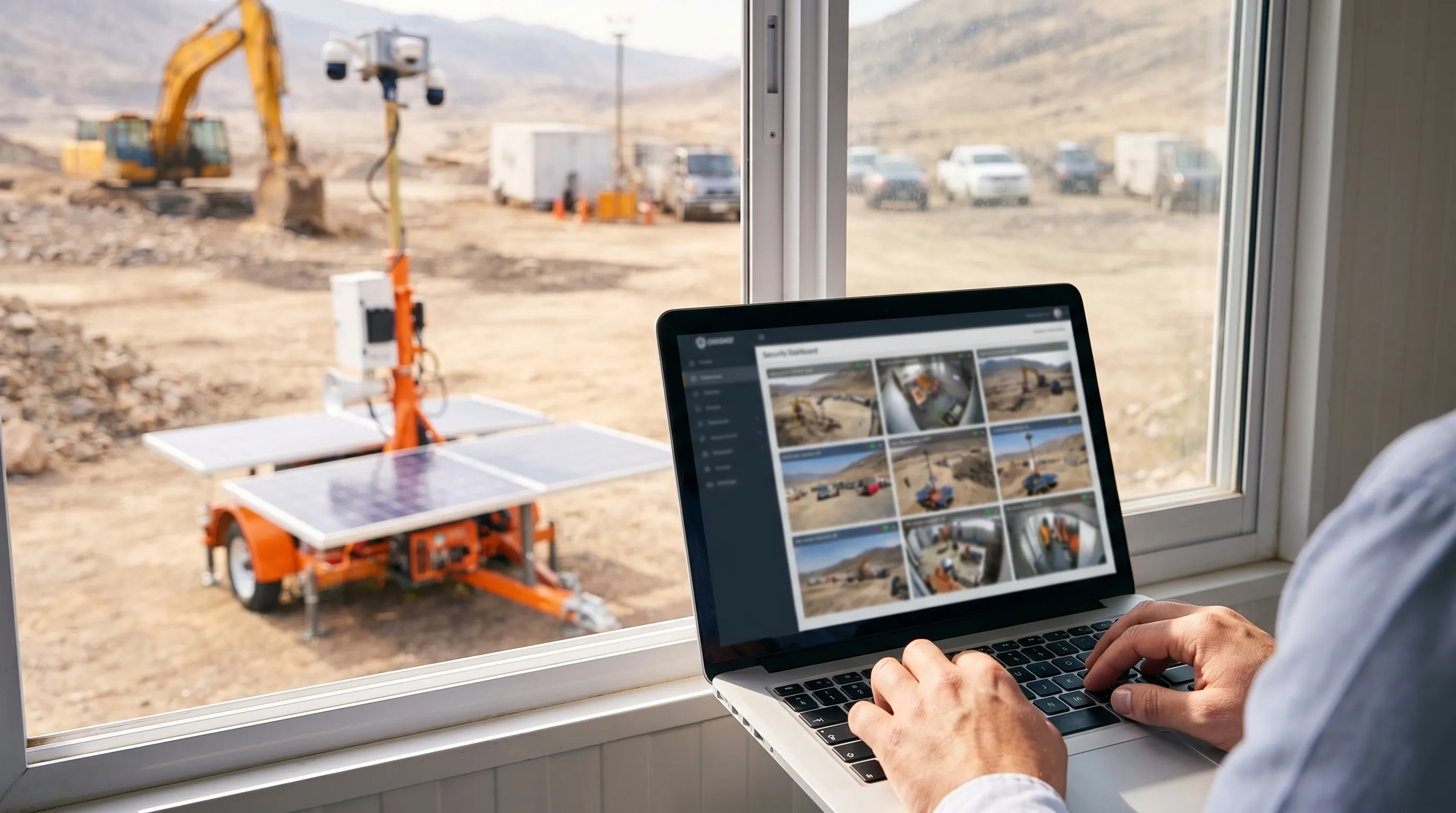 Project manager checking a multi-site security dashboard on a laptop with an OG360 trailer outside